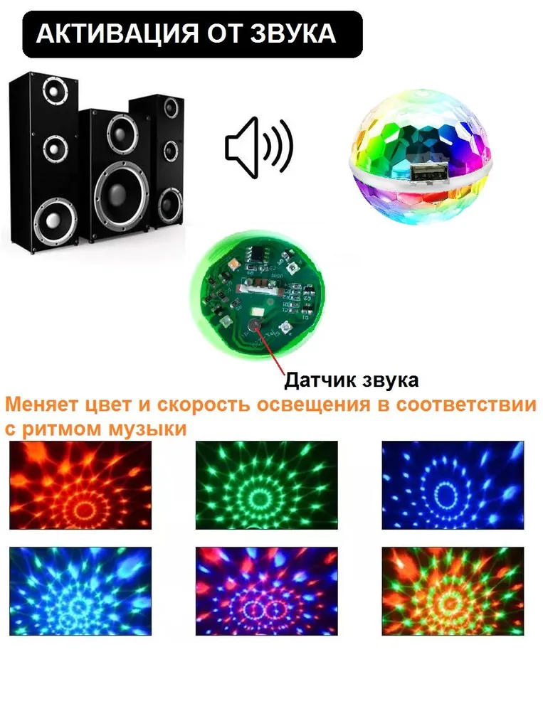 Диско-шар с датчиком звука и 7 режимами