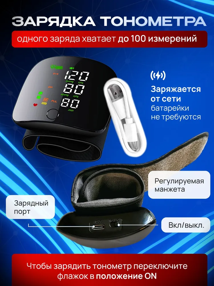 Тонометр на запястье с голосовым оповещением и двойной памятью